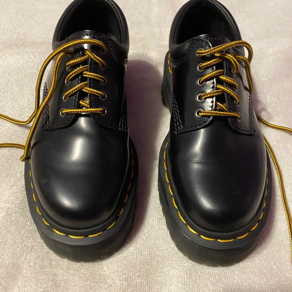 Dr. Martens Black Leather Oxfords with Yellow Accents